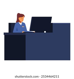Young female receptionist is sitting behind a desk while using a computer