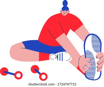 Young female in red t-shirt and blue shorts working out outside or inside. 