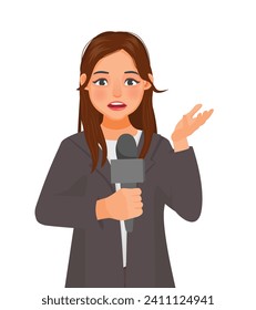 Young female reporter holding microphone working reporting news