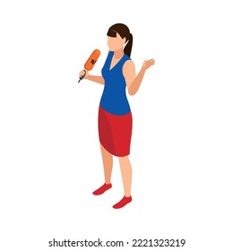 Young female reporter with microphone 3d isometric vector illustration