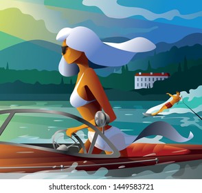 Young female riding a boat pulling water skier svg