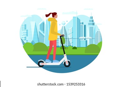 Young female riding electric kick scooter. Activity lifestyle moving concept on future city street. Vector illustration innovative active mobility hipster adult millennial on metropolis cityscape