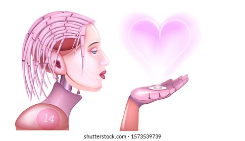 Young female robot. Woman looks at her palm. Humanoid robot with heart. Woman is looking at hologram of a heart. Happy Valentine's Day. Vector stock illustration. White background.
