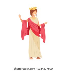 Young Female as Roman Empress in Long Dress Wearing Crown Vector Illustration