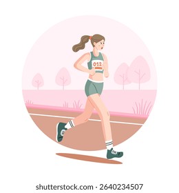 Young female runner jogging on track in flat style. Running outdoors for health, fitness, and active lifestyle.