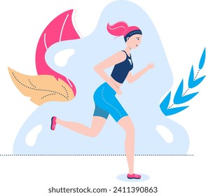 Young female runner in sportswear jogging with abstract elements. Fitness exercise and training theme vector illustration. Wellness and active lifestyle concept.