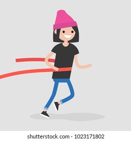Young female running character crossing the finish line. Red ribbon. Race. Competition. Flat editable vector illustration, clip art