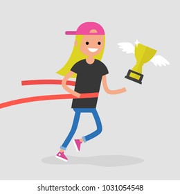 Young female running character crossing the finish line. Red ribbon. Race. Competition. Flat editable vector illustration, clip art