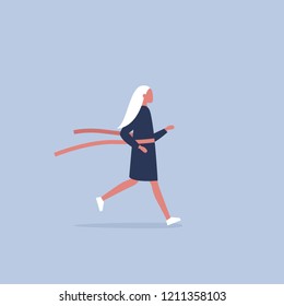 Young female running character crossing the finish line. Red ribbon. Race. Competition. Flat editable vector illustration, clip art