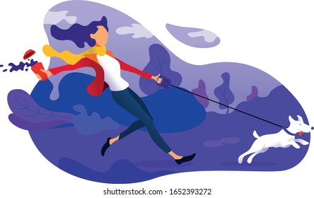 Young female running pulled by the dog