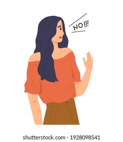 Young female say "NO" with negative gesture. Concept of rejection, refusing, denial, disagree, woman's choice, decision. Flat vector illustration cartoon character. 