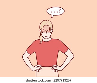 Young female say "NO" with negative gesture. Hand drawn style vector design illustrations.