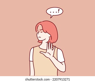 Young female say "NO" with negative gesture. Hand drawn style vector design illustrations.