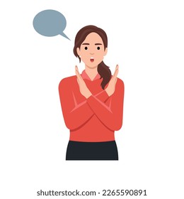 Young female say NO with negative gesture. Concept of rejection, refusing denial, disagree woman choice decision. Flat vector illustration isolated on white background