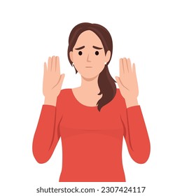 Young female say NO with negative gesture. Concept of rejection refusing denial disagree woman choice, decision. Flat vector illustration isolated on white background