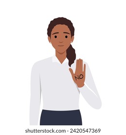 Young female say NO with negative gesture. Concept of rejection, refusing denial, disagree woman choice decision. Flat vector illustration isolated on white background