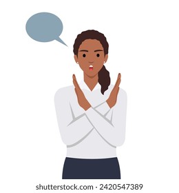 Young female say NO with negative gesture. Concept of rejection, refusing denial, disagree woman choice decision. Flat vector illustration isolated on white background