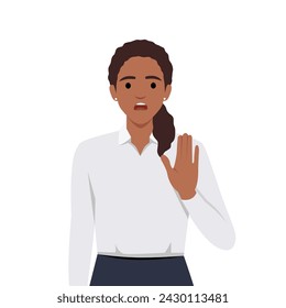 Young female say NO with negative gesture. Concept of rejection refusing denial disagree woman choice, decision. Flat vector illustration