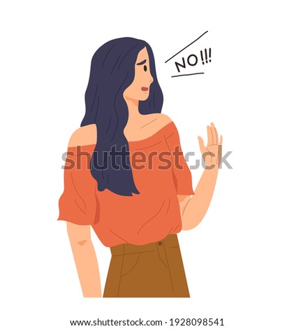 Young female say "NO" with negative gesture. Concept of rejection, refusing, denial, disagree, woman's choice, decision. Flat vector illustration cartoon character. 