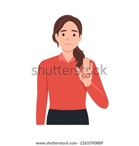 Young female say NO with negative gesture. Concept of rejection, refusing denial, disagree woman choice decision. Flat vector illustration isolated on white background