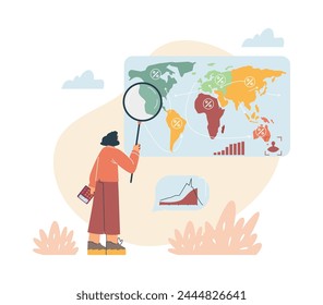 A young female scientist analyzes research on global demographic data. Vector illustration on a white background, ideal for the presentation of demographic statistics.