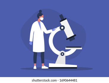 Young female scientist looking through the microscope, lab research,  coronavirus pandemic