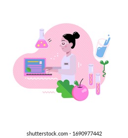 Young female scientist or nutritionist working at the laptop. Work in the laboratory, scientific experiment. 
Doctor is researching and developing a vaccine