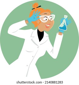 Young Female Scientist Or Student With A Beaker In The Lab, EPS 8 Vector Illustration