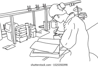 young female scientist working in the laboratory vector illustration sketch doodle hand drawn with black lines isolated on white background. Education concept.