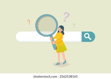 Young female in search bar looking through magnify glass. Concept of searching, finding, information service, Q and A, customer support, find the answer. Flat vector illustration character.