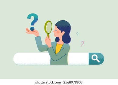 Young female in search bar looking through magnify glass. Concept of searching, finding, information service, Q and A, customer support, find the answer. Vector illustration character.