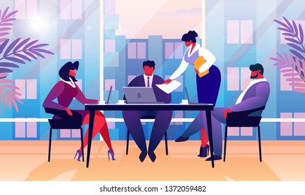 Young Female Secretary with Folder in Hand Giving Paper Working Document to Boss Sitting at Table with Laptop and Business Partners in Modern Office with Huge Windows. Cartoon Flat Vector Illustration