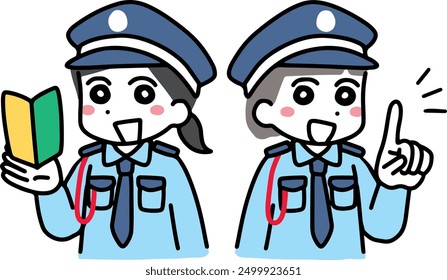 A young female security guard holding a beginner's mark in her hand and a young female security guard explaining with a smile