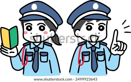 A young female security guard holding a beginner mark in her hand and a young male security guard explaining with a smile