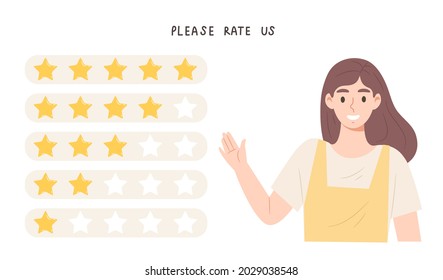 Young female seller raising her hand at star rating with "Please rate us" message. Concept of customer review, client feedback, satisfaction, comment. Flat vector illustration character.