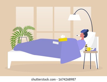 Young female sick character resting in bed, bedroom interior, quarantine, medical treatment