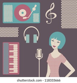 Young female singer with a microphone in studio. Vector illustration.