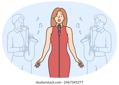 Young female singer singing on stage with band. Beautiful woman performer perform song in microphone at concert. Hobby and music. Vector illustration.