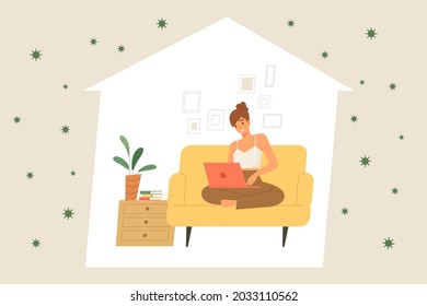 Young female siting on couch and using laptop to working at home during COVID-19 epidemic. Concept of quarantine, work form home, freelancer, online learning or working. Flat vector illustration.