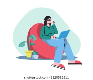 Young female sitting in armchair, drinking coffee and working online. Benefits of remote job. Idea of distant work. Modern convenient workplace. Vector illustration in flat design