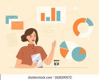 Young female sitting and holding tablet presenting data epitome work. Business summation presentation. Office conference. Information explaining. Working woman. Flat vector illustration.