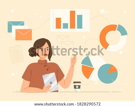 Young female sitting and holding tablet presenting data epitome work. Business summation presentation. Office conference. Information explaining. Working woman. Flat vector illustration.