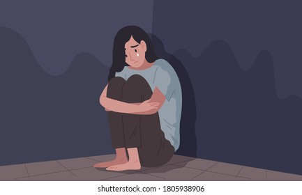 Young female sitting in hugging her knees and crying at dark corner. Concept of sadness, loneliness, depression, PTSD, sorrow, suffering, grieve, gloomy woman, pain people. Flat vector illustration