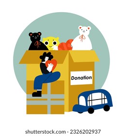 Young female sitting near big cartoon box and holding heart. Help from humanitarian aid organization. Collecting toys. Concept of donation and charity. Vector illustration in yellow colors