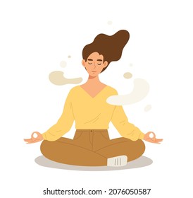 Young Female Sitting On Floor And Doing Meditation. Mental Health, Meditating Yoga, Mindfulness Practice, Spiritual Discipline, Relaxation, Breathing Exercise. Flat Vector Illustration Character.