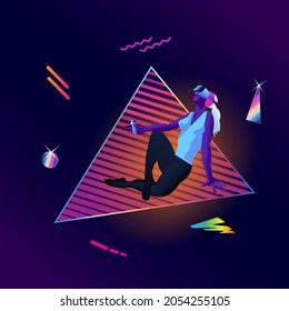 A young female sitting and playing a VR game in a neon glow. She looks amazed and fully immersed in virtual reality. Retro 80s art style with geometrical doodles on the background.