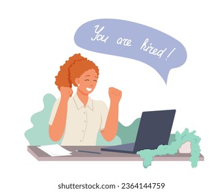 Young female sitting at table near laptop and happy to be hired. Interviewing concept. Candidate answering on questions. Flat vector illustration in cartoon style in blue colors