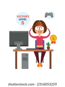 Young female sitting at table and playing, happy to win computer game. Indoors activity and hobby. Online games and eSports concept. Recreation and leisure time at home. Vector flat illustration