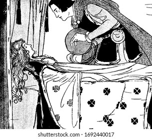 A young female sleeping on bed, a young man standing near bed and looking at her, vintage line drawing or engraving illustration