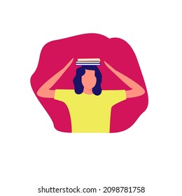 Young female smiling and there are books in her head. Concept of reading for exam, knowledge, studying, education, smart girl, diligent student. Flat vector illustrations.